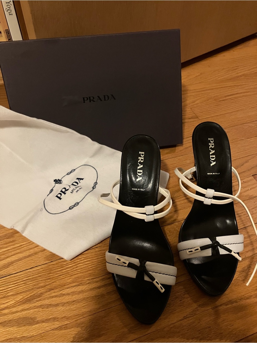 Prada Black and White Leather Strappy Heeled Sandals